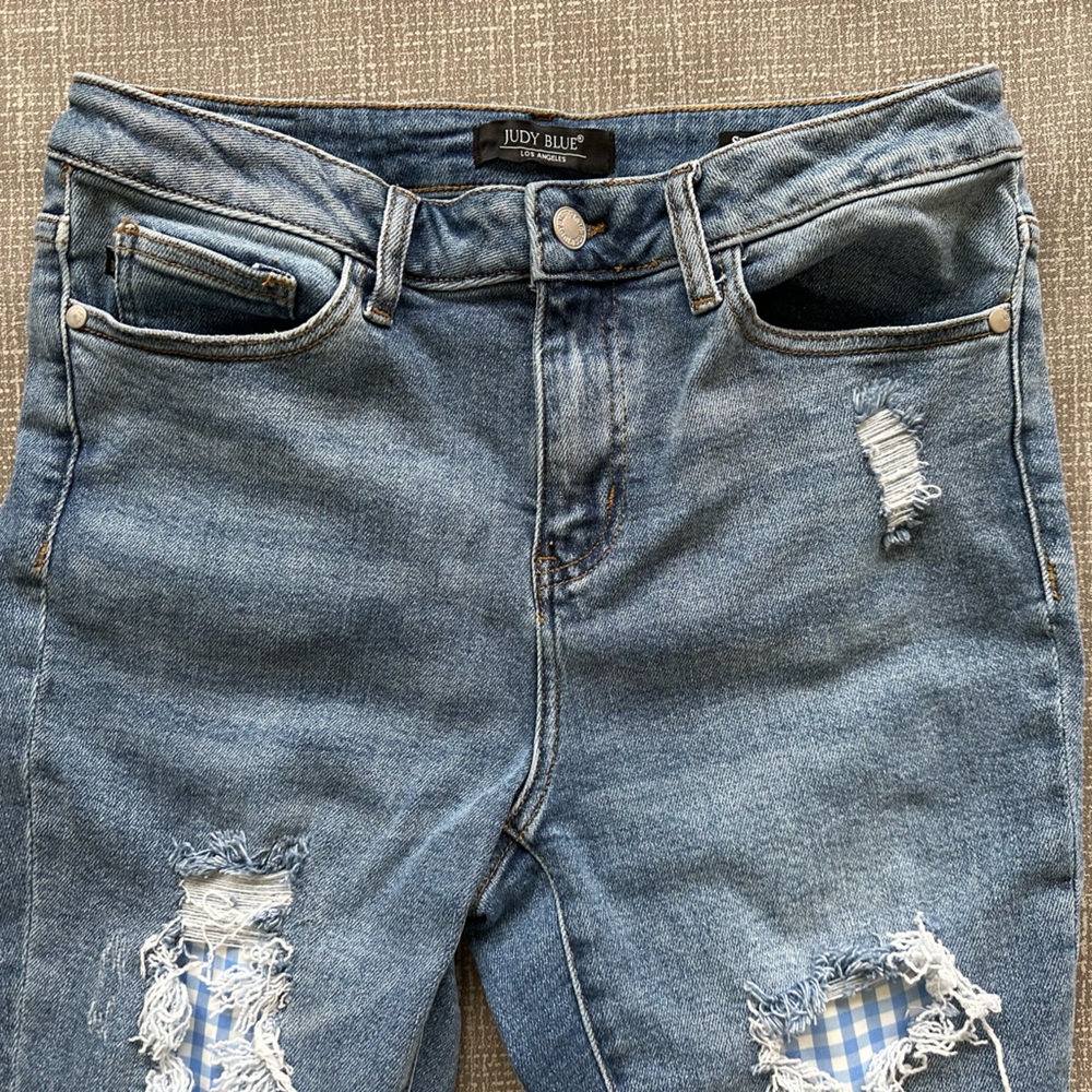 Judy Blue Jeans Womens 9/29 Blue Skinny Blue White Plaid Patch Distressed Denim - Picture 3 of 12